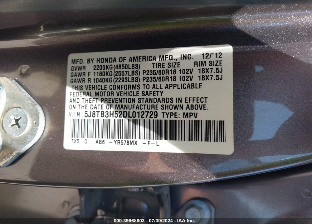 2013 ACURA RDX VIN: 5J8TB3H52DL012729