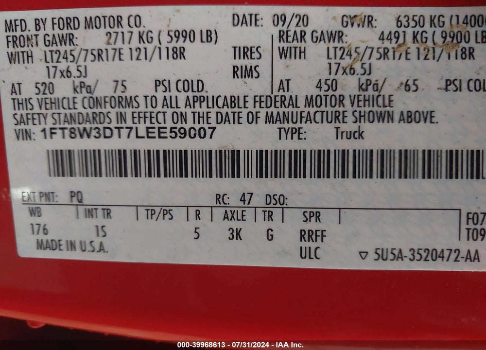 2020 FORD F-350 XL VIN: 1FT8W3DT7LEE59007