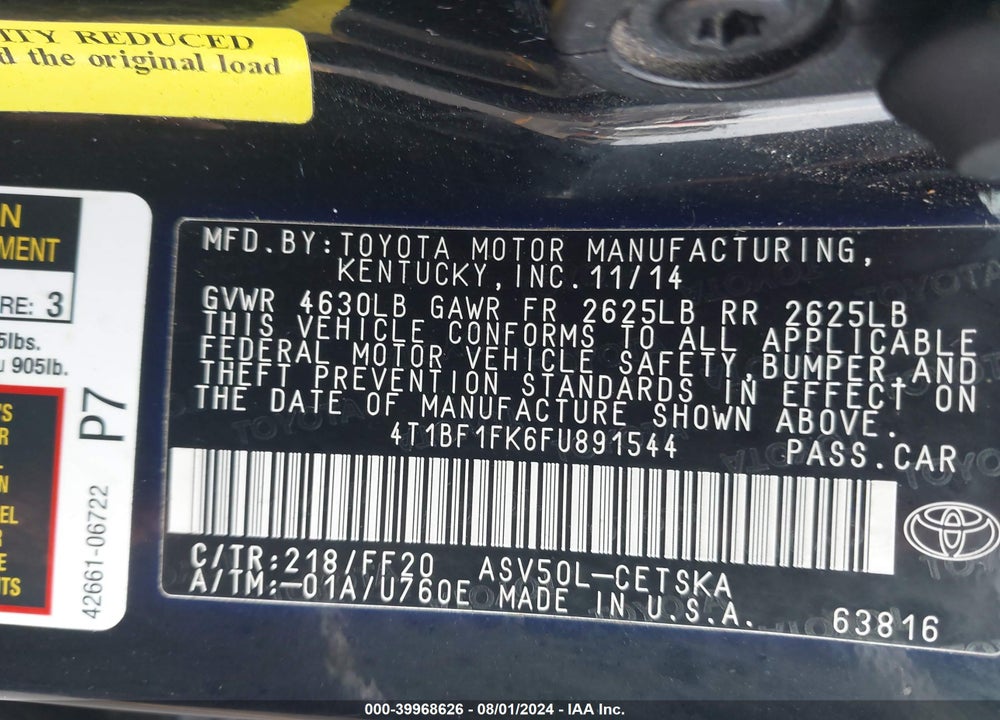 2015 TOYOTA CAMRY SE VIN: 4T1BF1FK6FU891544