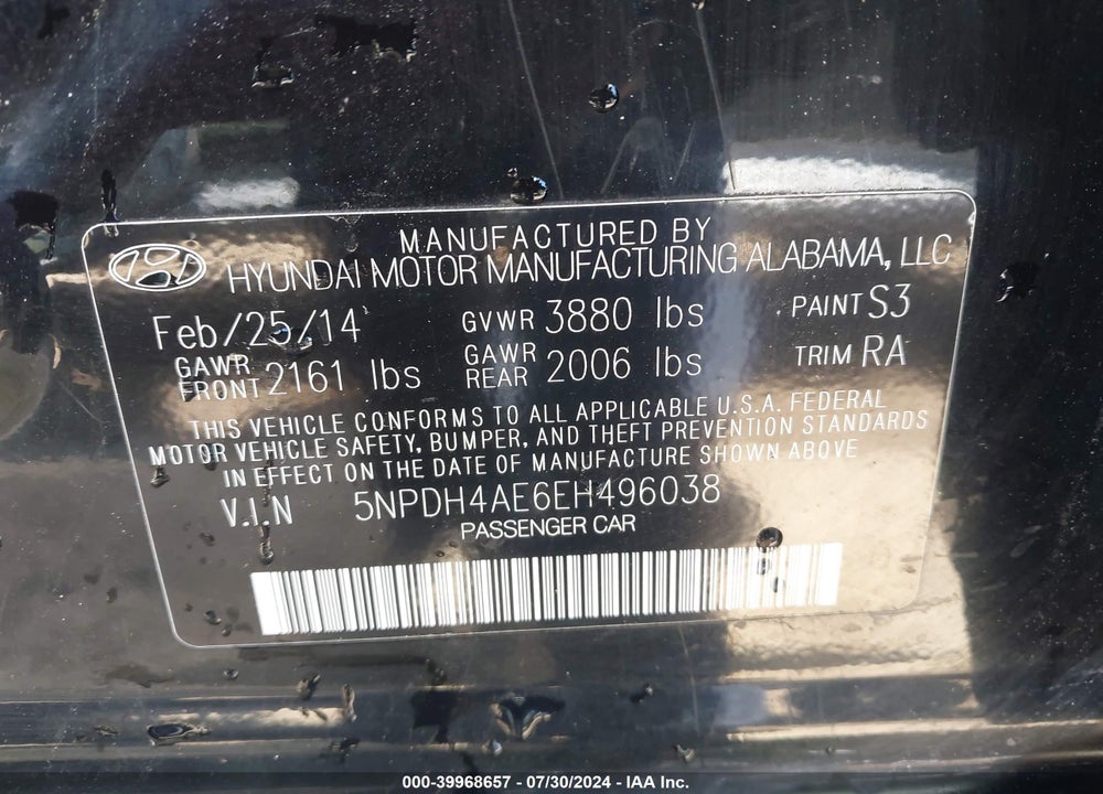 2014 HYUNDAI ELANTRA LIMITED VIN: 5NPDH4AE6EH496038