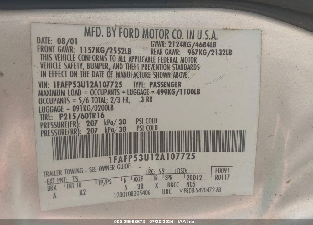 2002 FORD TAURUS SE VIN: 1FAFP53U12A107725