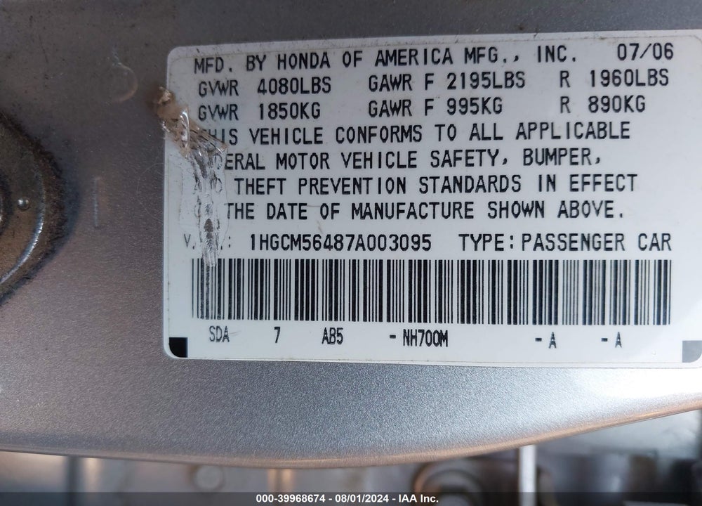 2007 HONDA ACCORD 2.4 LX VIN: 1HGCM56487A003095