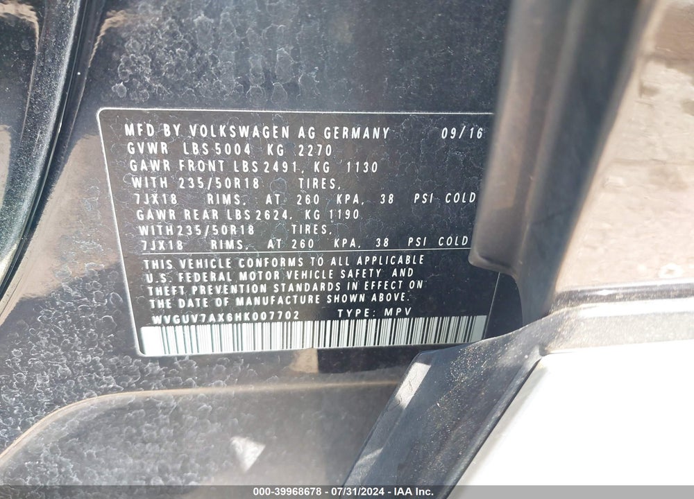 2017 VOLKSWAGEN TIGUAN 2.0T SPORT VIN: WVGUV7AX6HK007702