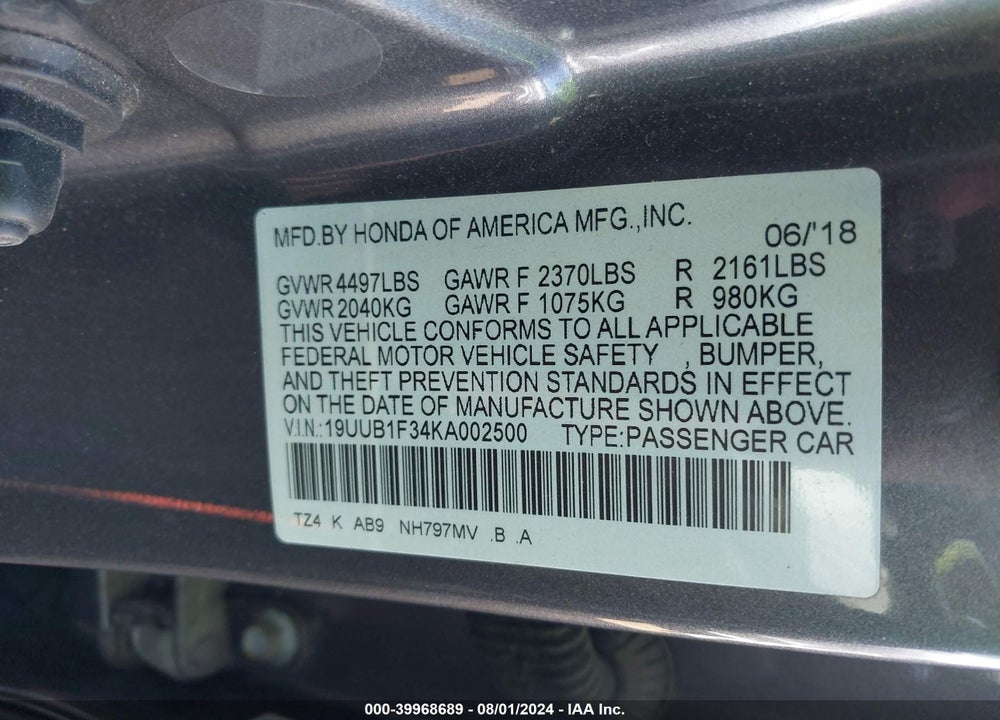 2019 ACURA TLX STANDARD VIN: 19UUB1F34KA002500