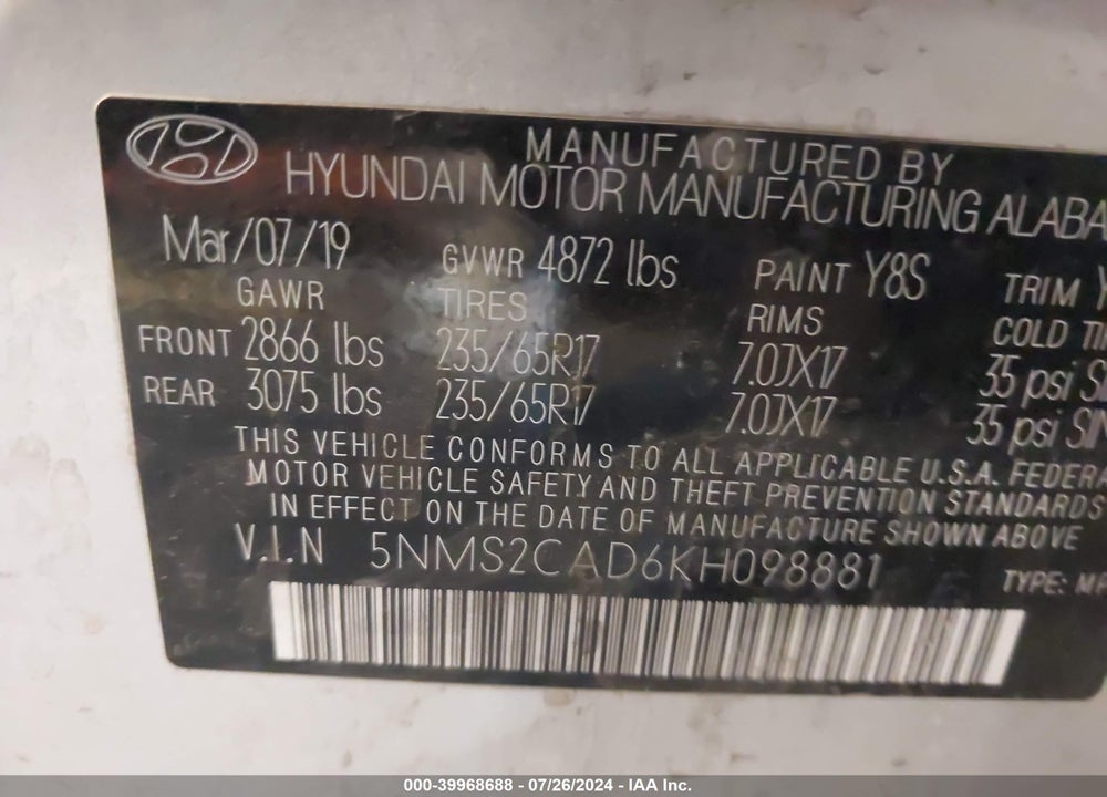 2019 HYUNDAI SANTA FE SE VIN: 5NMS2CAD6KH098881