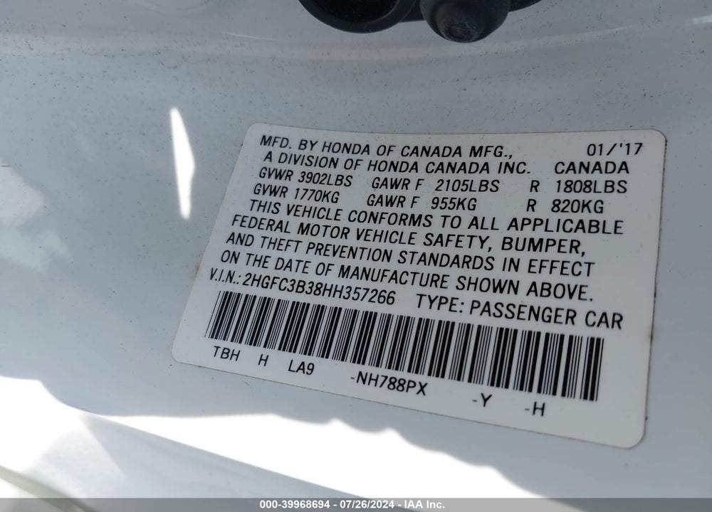2017 HONDA CIVIC EX-T VIN: 2HGFC3B38HH357266