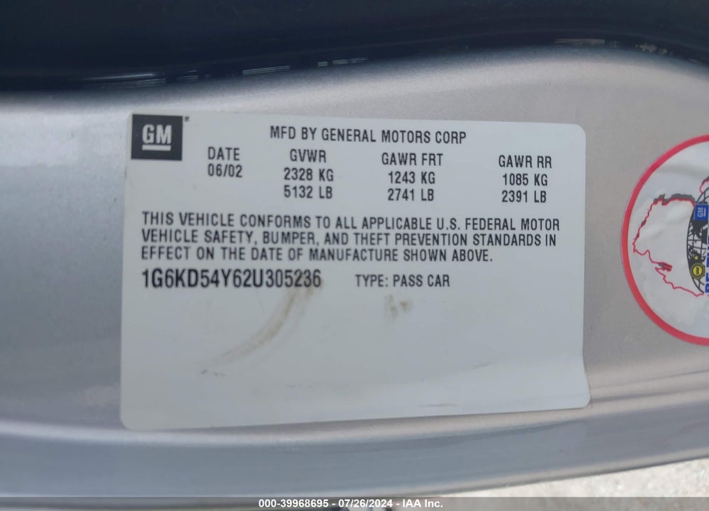 2002 CADILLAC DEVILLE STANDARD VIN: 1G6KD54Y62U305236