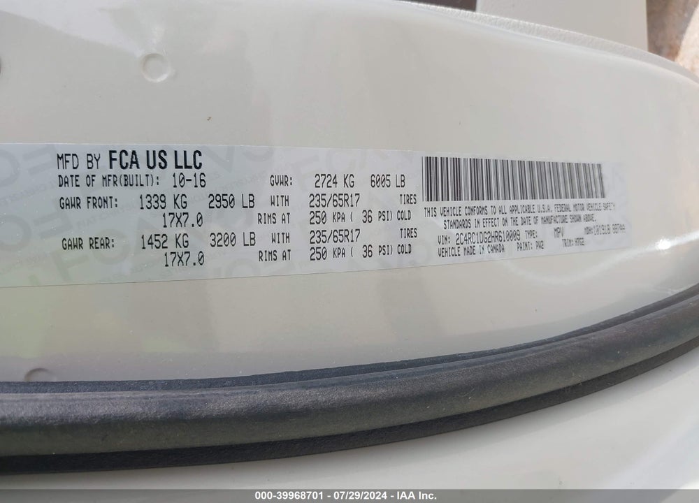 2017 CHRYSLER PACIFICA TOURING VIN: 2C4RC1DG2HR610009
