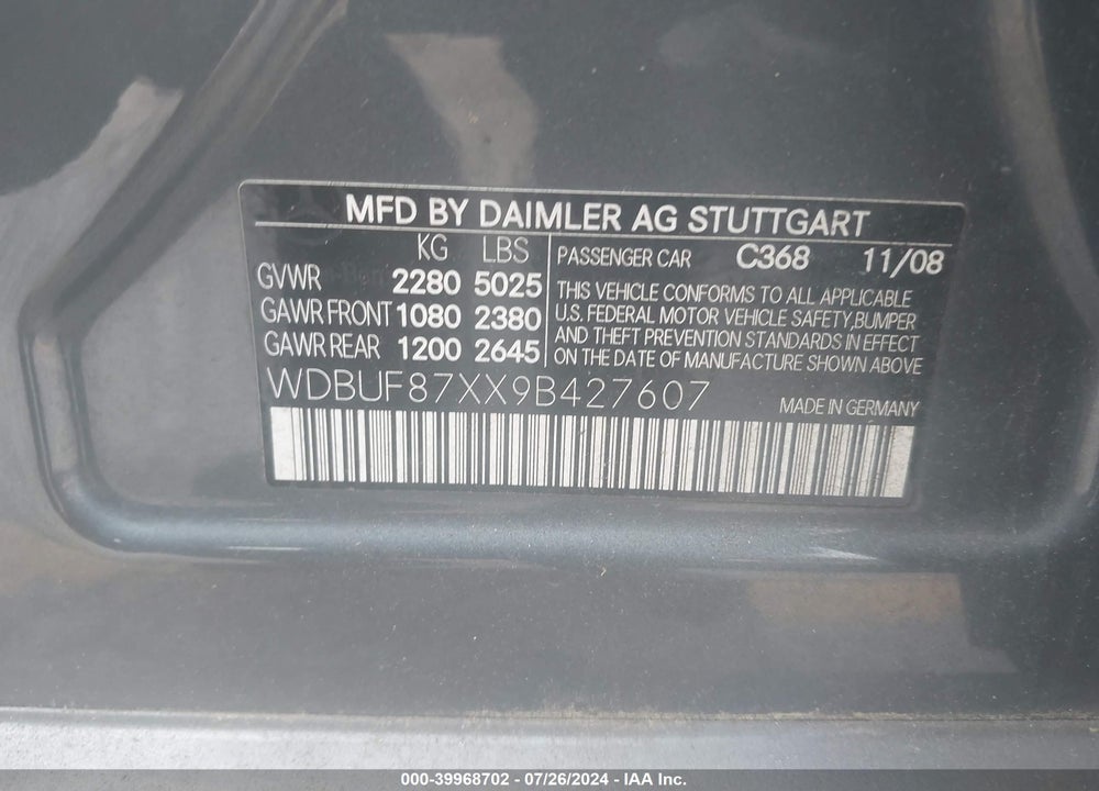 2009 MERCEDES-BENZ E 350 4MATIC VIN: WDBUF87XX9B427607