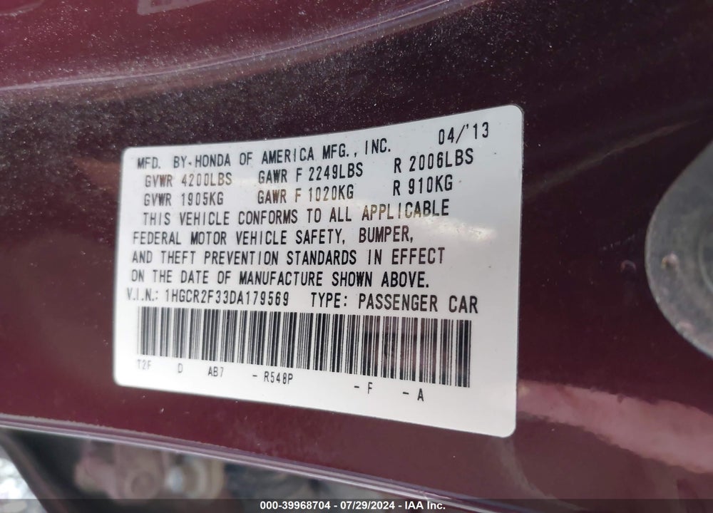 2013 HONDA ACCORD LX VIN: 1HGCR2F33DA179569