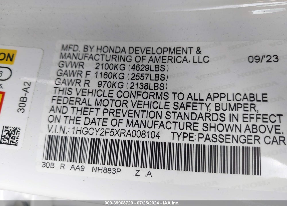 2024 HONDA ACCORD HYBRID SPORT VIN: 1HGCY2F5XRA008104