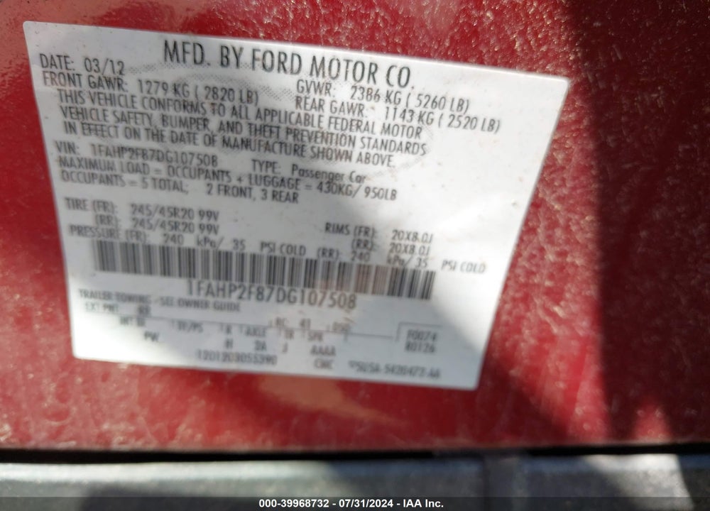2013 FORD TAURUS LIMITED VIN: 1FAHP2F87DG107508