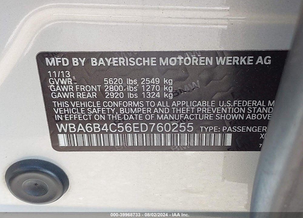 2014 BMW 650I GRAN COUPE XDRIVE VIN: WBA6B4C56ED760255