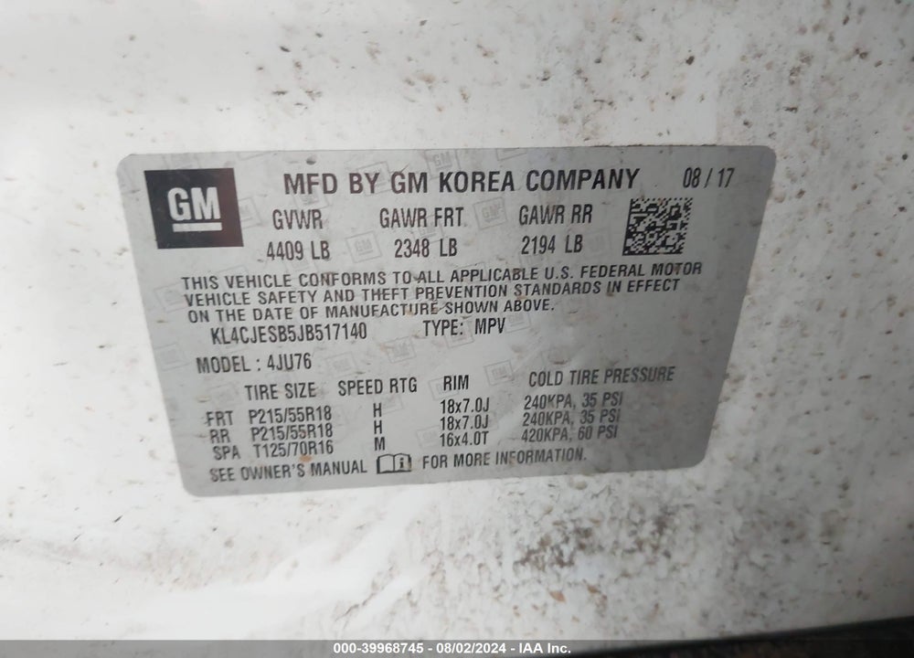 2018 BUICK ENCORE PREFERRED VIN: KL4CJESB5JB517140