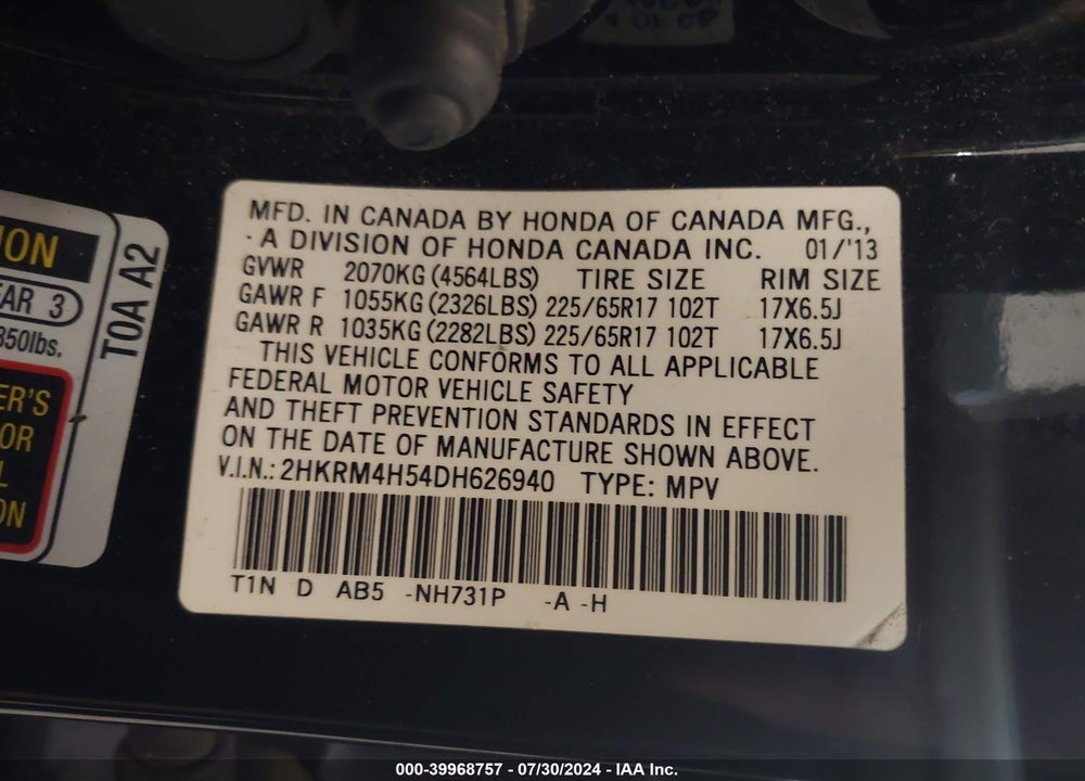 2013 HONDA CR-V EX VIN: 2HKRM4H54DH626940