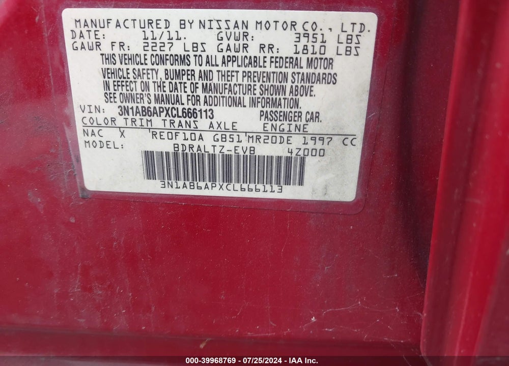 2012 NISSAN SENTRA 2.0 S VIN: 3N1AB6APXCL666113