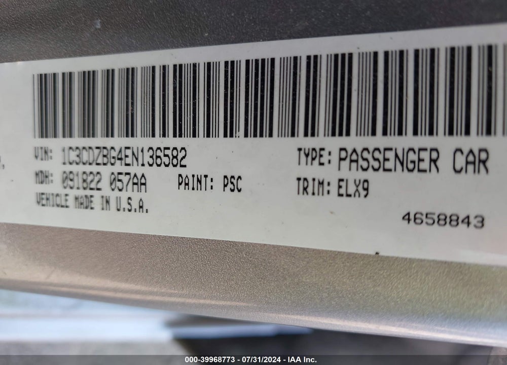 2014 AVENGER DODGE  R/T VIN: 1C3CDZBG4EN136582