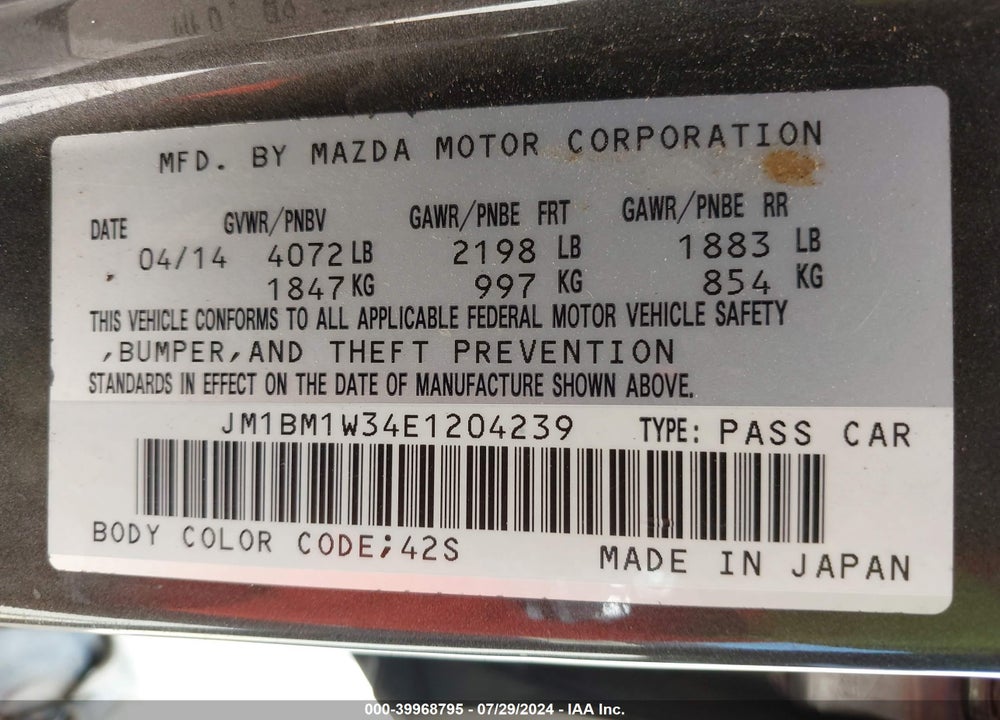 2014 MAZDA 3 S GRAND TOURING VIN: JM1BM1W34E1204239