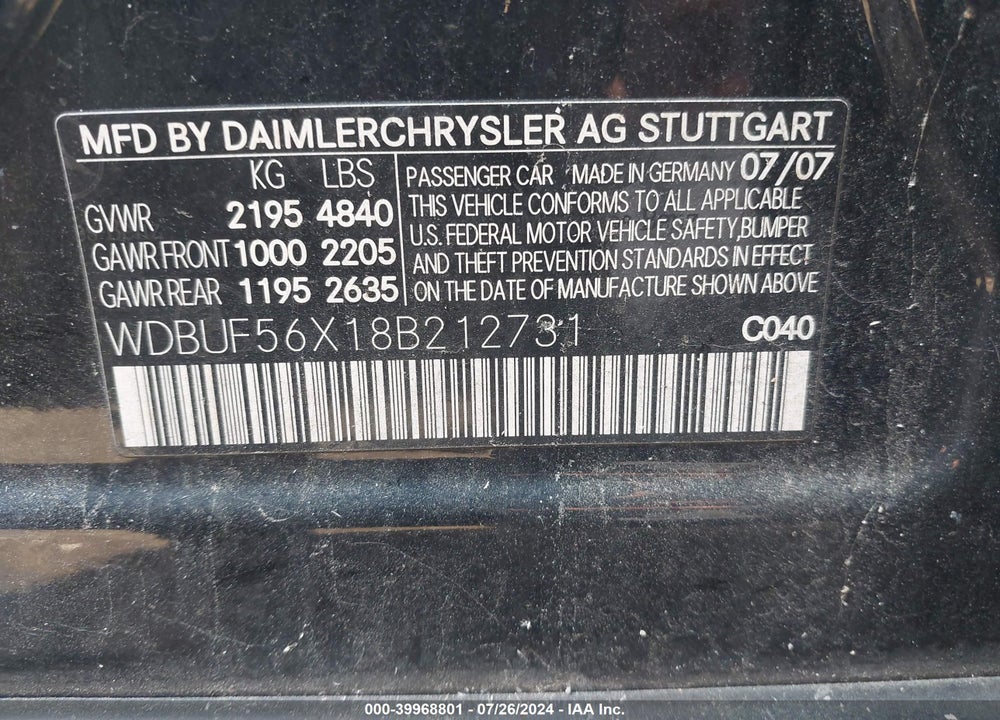 2008 MERCEDES-BENZ E 350 VIN: WDBUF56X18B212731
