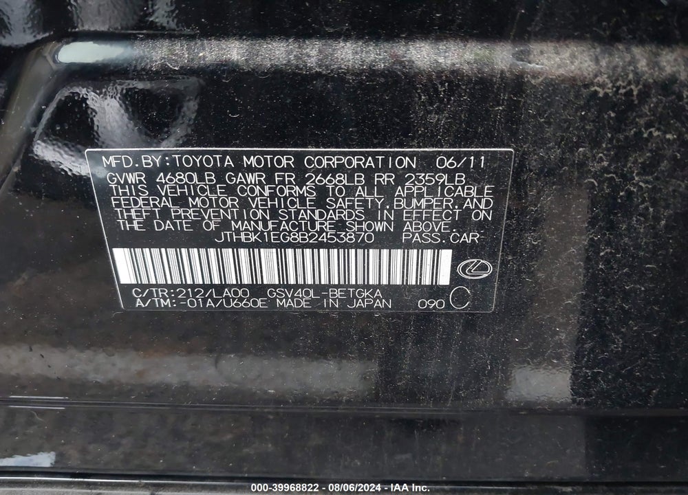 2011 LEXUS ES 350 VIN: JTHBK1EG8B2453870