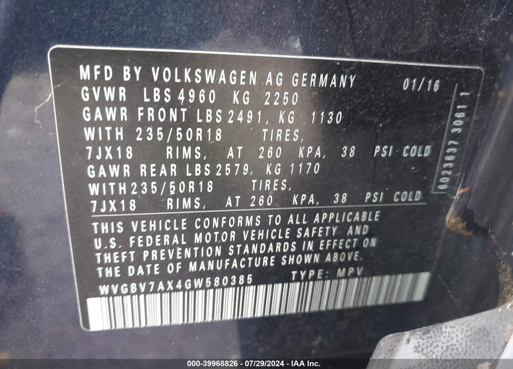 2016 VOLKSWAGEN TIGUAN SE VIN: WVGBV7AX4GW580385