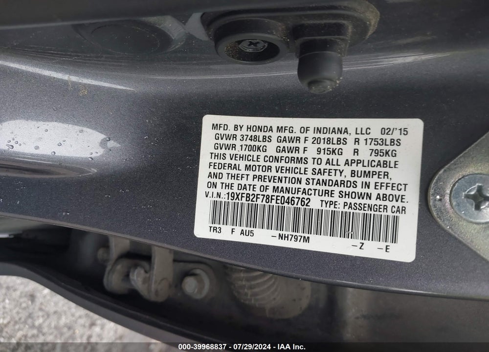 2015 HONDA CIVIC SE VIN: 19XFB2F78FE046762