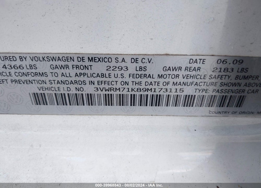 2009 VOLKSWAGEN JETTA SE VIN: 3VWRM71K89M173115