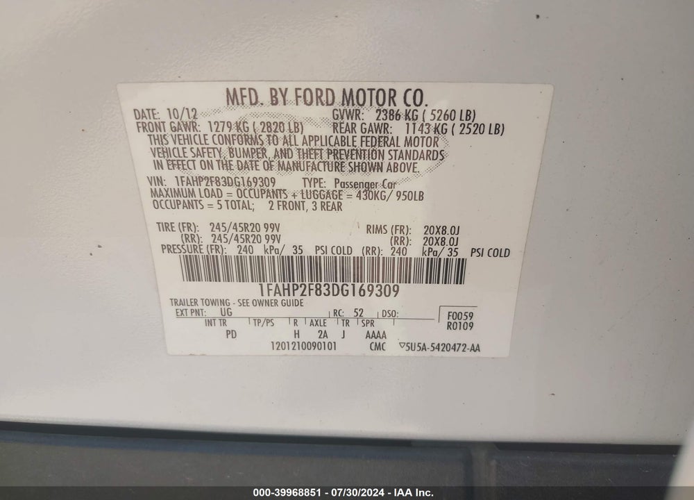 2013 FORD TAURUS LIMITED VIN: 1FAHP2F83DG169309