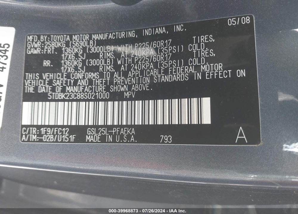 2008 TOYOTA SIENNA LE VIN: 5TDBK23C88S021000