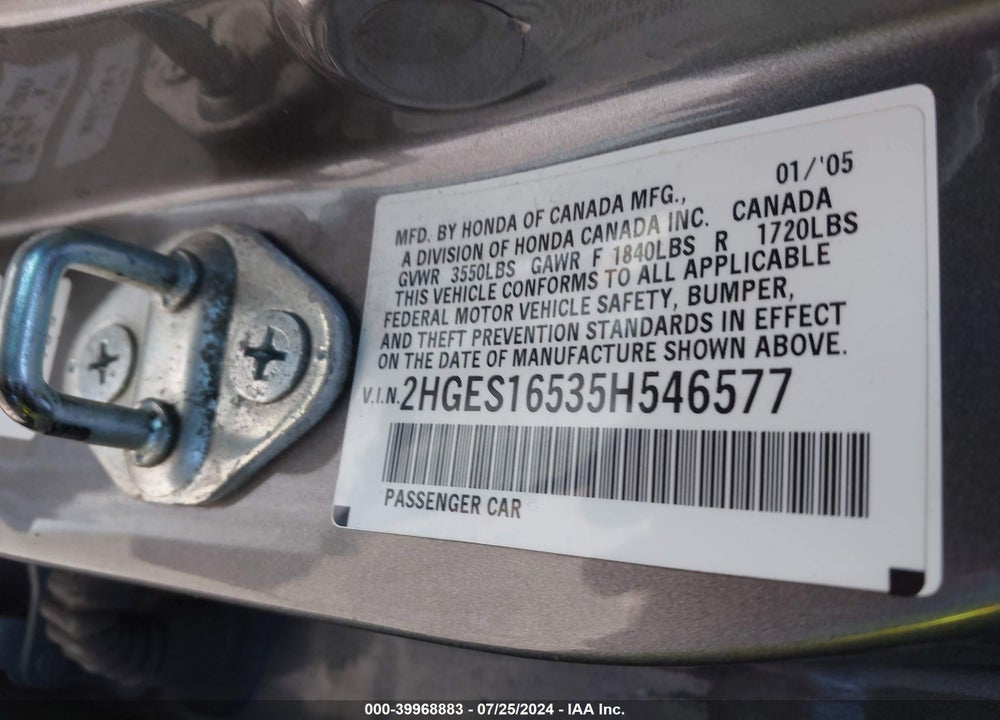 2005 HONDA CIVIC LX/LX SE VIN: 2HGES16535H546577