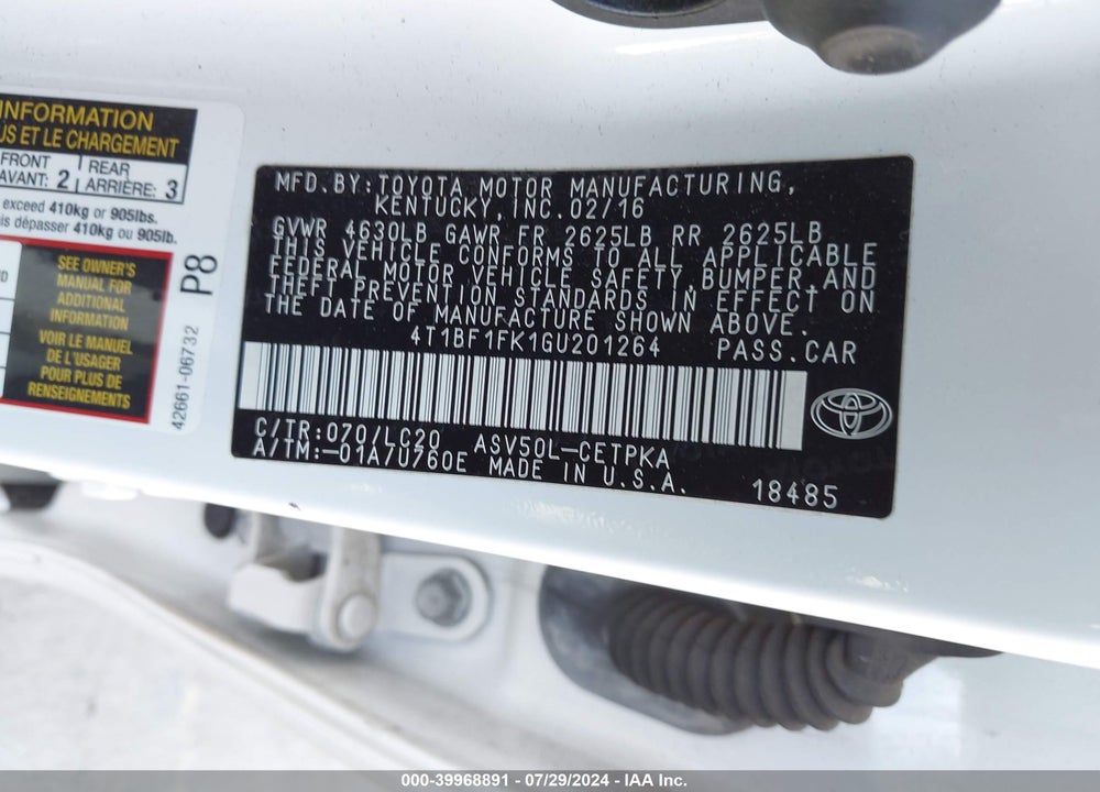 2016 TOYOTA CAMRY LE/SE/XLE/XSE VIN: 4T1BF1FK1GU201264