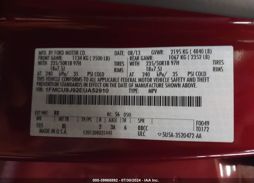 2014 FORD ESCAPE TITANIUM VIN: 1FMCU9J92EUA52910