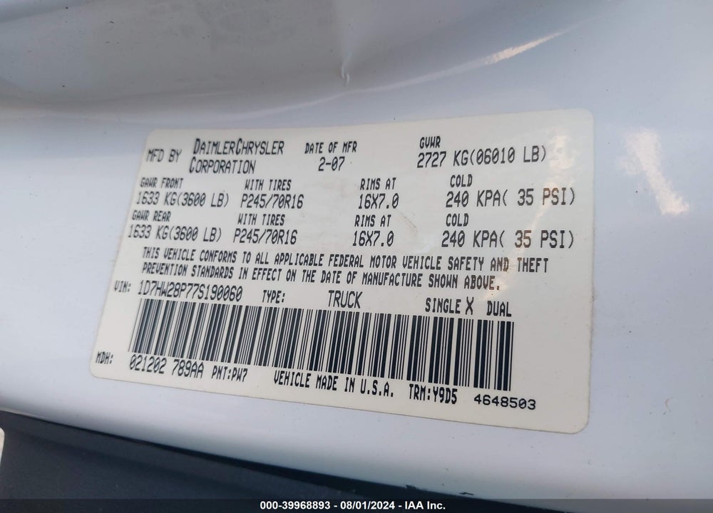 2007 DODGE DAKOTA ST VIN: 1D7HW28P77S190060