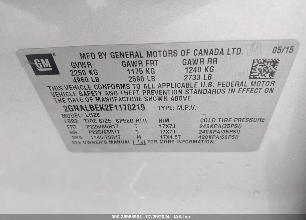 2015 CHEVROLET EQUINOX 1LT VIN: 2GNALBEK2F1170219