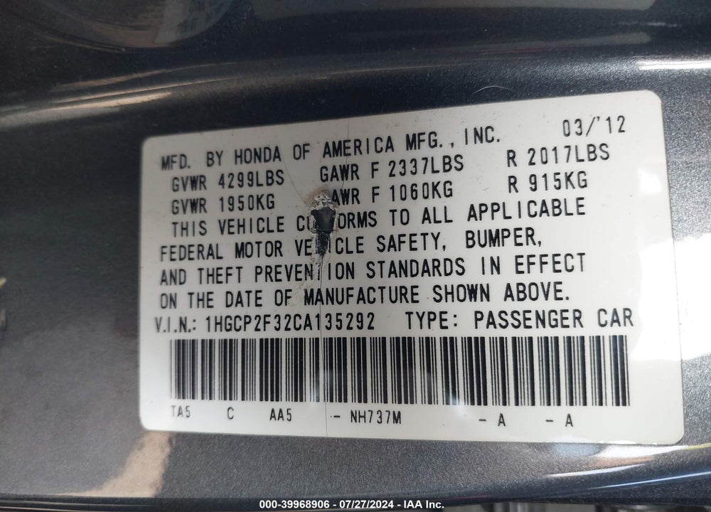 2012 HONDA ACCORD 2.4 LX VIN: 1HGCP2F32CA135292