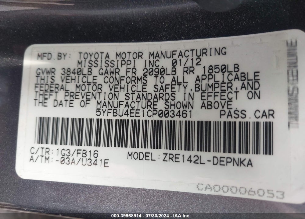 2012 TOYOTA COROLLA LE VIN: 5YFBU4EE1CP003461