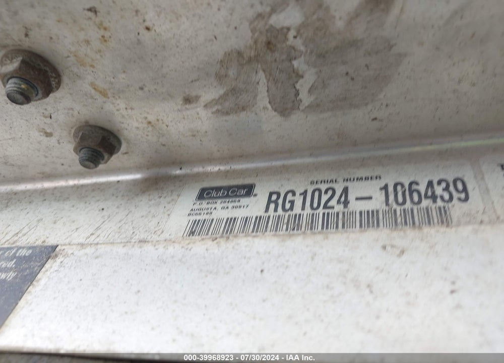 2010 CLUB CAR GOLF CART VIN: RG1024-106439