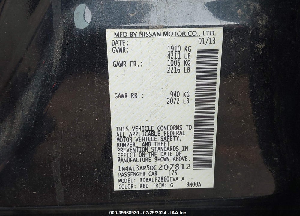 2013 NISSAN ALTIMA 2.5 VIN: 1N4AL3AP5DC207812