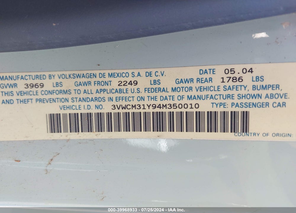 2004 VOLKSWAGEN NEW BEETLE GLS VIN: 3VWCM31Y94M350010