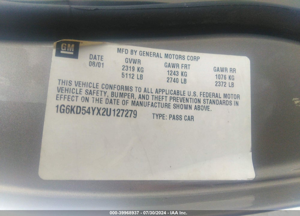 2002 CADILLAC DEVILLE STANDARD VIN: 1G6KD54YX2U127279