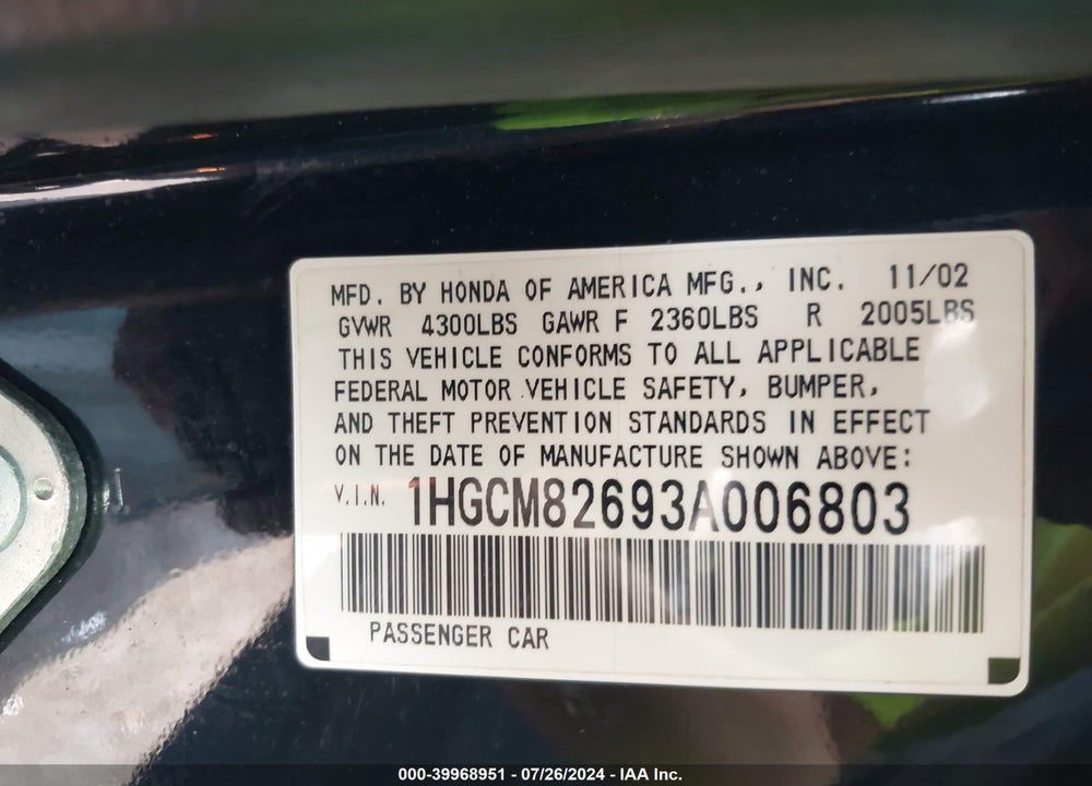 2003 HONDA ACCORD 3.0 EX VIN: 1HGCM82693A006803