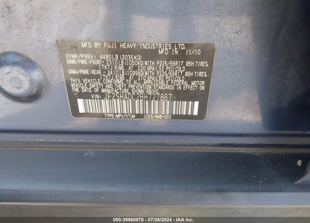 2011 SUBARU FORESTER 2.5X PREMIUM VIN: JF2SHADC2BH727867