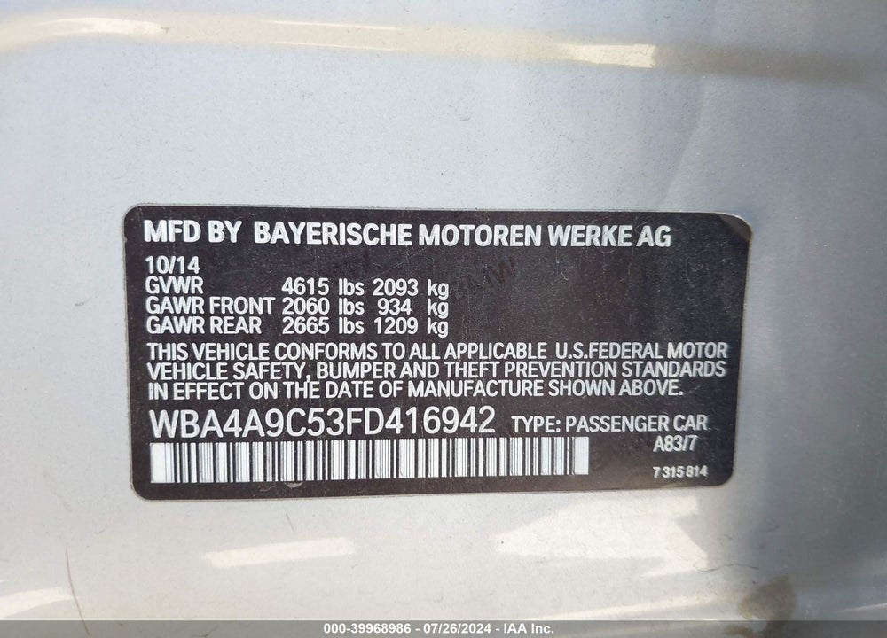 2015 BMW 428 GRAN COUPE VIN: WBA4A9C53FD416942