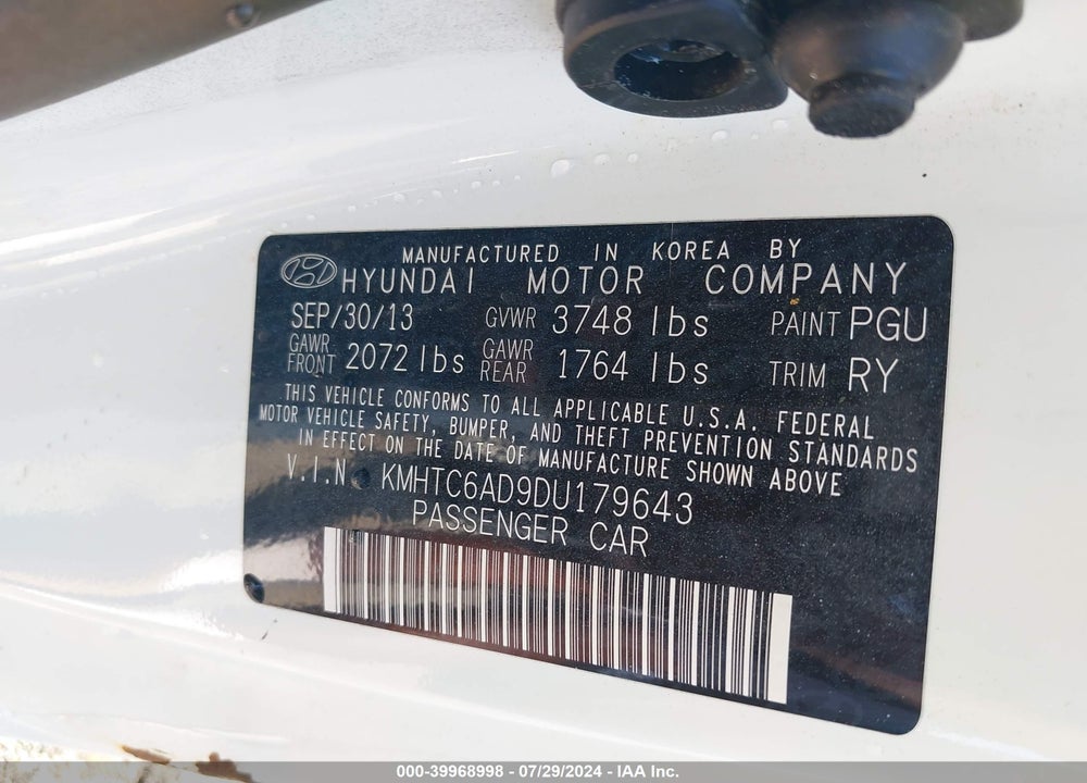 2013 HYUNDAI VELOSTER BASE W/GRAY VIN: KMHTC6AD9DU179643