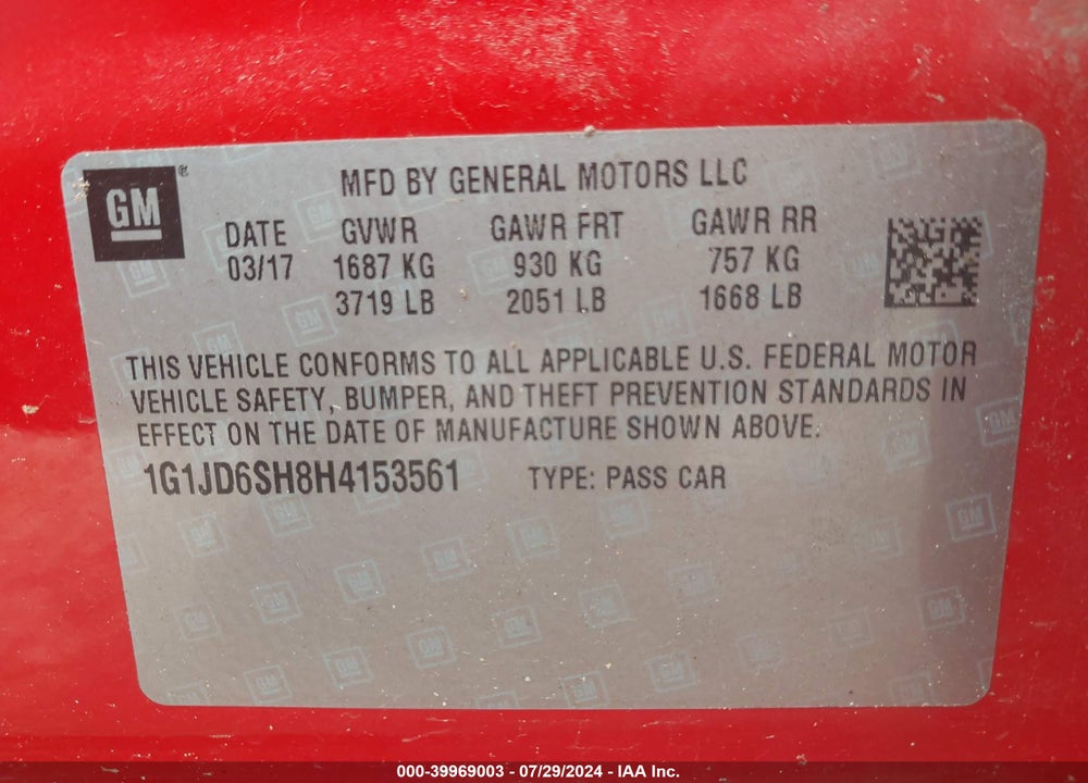 2017 CHEVROLET SONIC LT AUTO VIN: 1G1JD6SH8H4153561