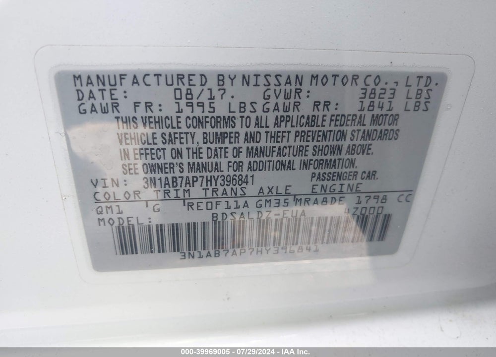 2017 NISSAN SENTRA SV VIN: 3N1AB7AP7HY396841