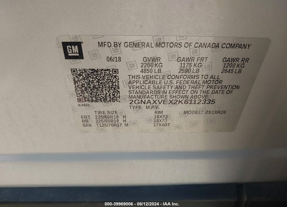 2019 CHEVROLET EQUINOX LT VIN: 2GNAXVEX2K6112335