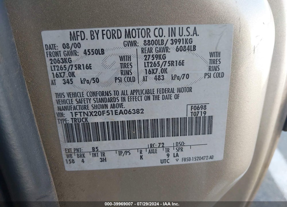 2001 FORD F-250 LARIAT/XL/XLT VIN: 1FTNX20F51EA06382