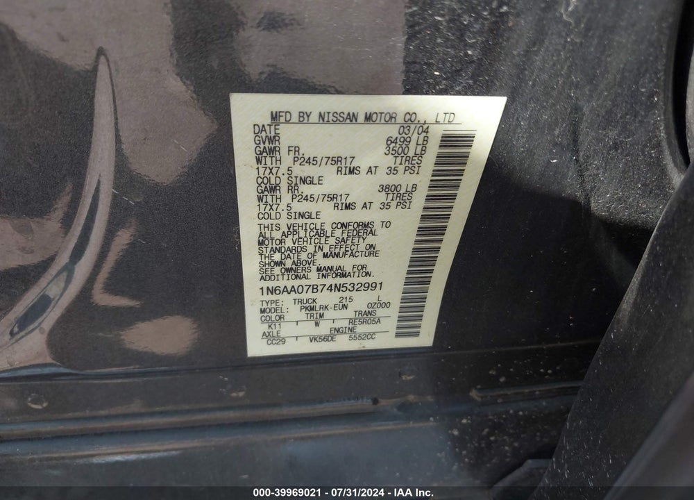 2004 NISSAN TITAN XE VIN: 1N6AA07B74N532991
