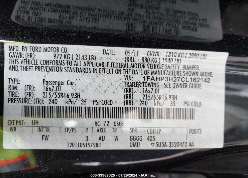 2012 FORD FOCUS VIN: 1FAHP3H27CL162142